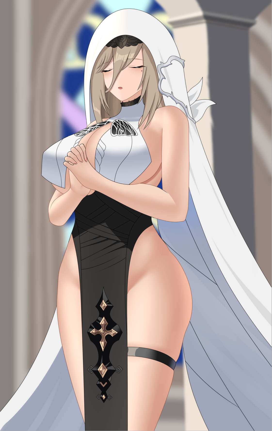shuaishousha, aponia, honkai (series), honkai impact 3rd, commentary request, highres, 1girl, black dress, blonde hair, breast curtains, breasts, closed eyes, dress, large breasts, mole, mole under eye, no panties, nun, own hands together, pelvic curtain, praying, short hair, solo, thigh strap, thighs, veil, white veil