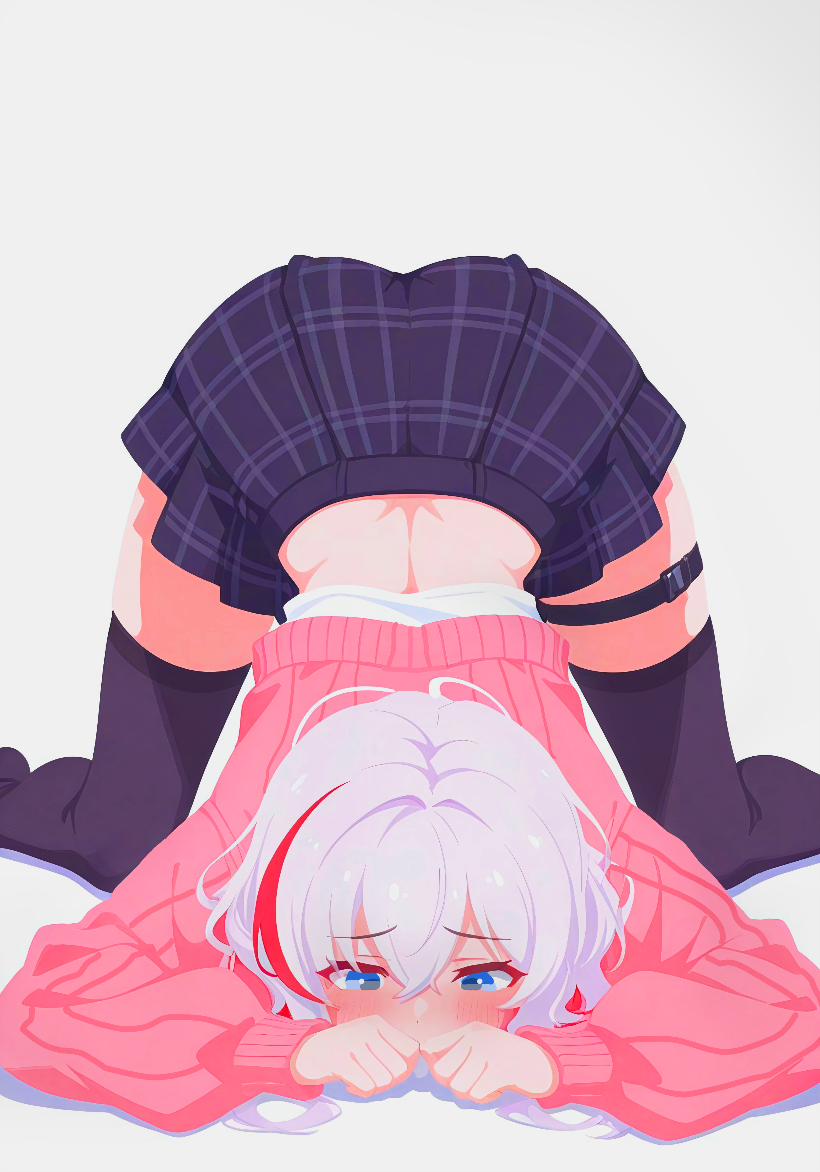 kanami (heartbeat memories) (strinova), kanami (strinova), strinova, absurdres, highres, 1girl, blue eyes, blush, cardigan, embarrassed, hair between eyes, legs apart, long hair, looking down, midriff, miniskirt, multicolored hair, pink cardigan, pleated skirt, red hair, shirt, sidelocks, simple background, skirt, solo, thigh strap, thighhighs, thighs, top-down bottom-up, uteenlearn, white background, white hair, white shirt