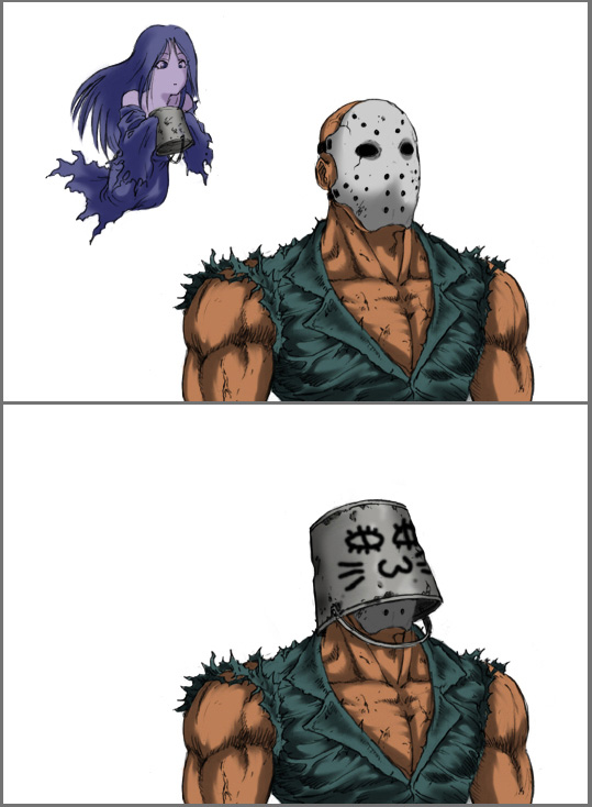 aji no kai hara hachi fun, harahachibu ajinosuke, joker (splatterhouse), rick, rick taylor, namco, splatterhouse, 1boy, 1girl, 2koma, :3, bare shoulders, blue eyes, blue hair, blue skin, bucket, bucket on head, closed mouth, colored skin, comic, dress, ghost, hockey mask, holding, long hair, mask, muscular, object on head, purple hair, purple skin, shirt, simple background, sleeveless, sleeveless shirt, slit pupils, very long hair, whiskers, white background