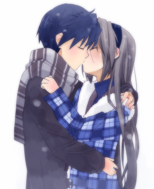 narju, okazaki tomoya, sakagami tomoyo, clannad, 00s, 1boy, 1girl, blue hair, blush, brown hair, closed eyes, couple, fur trim, hairband, hetero, hug, kiss, long sleeves, scarf, short hair, simple background, white background