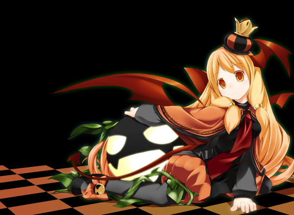 shiratama dango, bad id, bad pixiv id, 1girl, blonde hair, bubble skirt, checkered floor, crown, dress, female focus, halloween, jack-o'-lantern, long hair, orange dress, orange eyes, pantyhose, pumpkin, red eyes, skirt, solo, wings