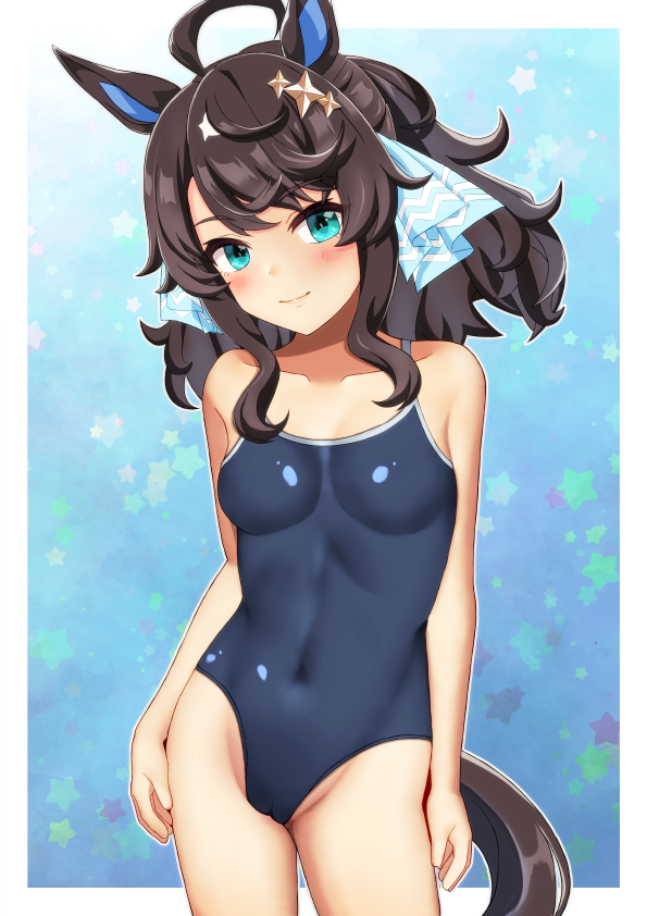 naruruka0805, daring tact (umamusume), umamusume, commentary request, 1girl, ahoge, animal ears, black hair, blue eyes, blush, breasts, cameltoe, closed mouth, collarbone, covered navel, hair between eyes, hair ornament, horse ears, horse tail, looking at viewer, medium breasts, school swimsuit, simple background, smile, solo, star (symbol), star hair ornament, swimsuit, tail