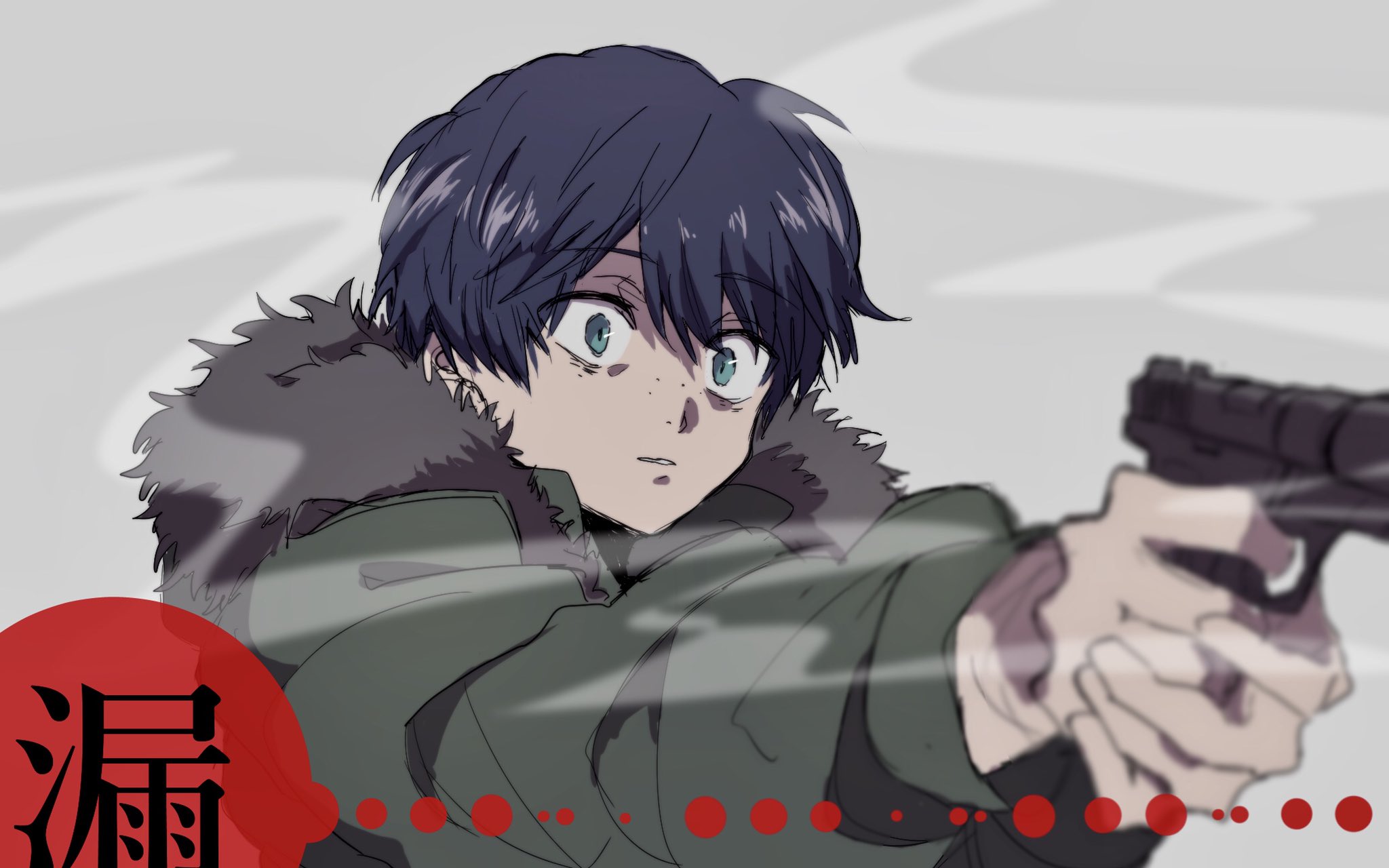 kuji toi, sarazanmai, highres, translation request, 1boy, ash cst, blue eyes, blue hair, coat, freckles, green coat, grey background, gun, handgun, holding, holding gun, holding weapon, long sleeves, parted lips, short hair, smoke, smoking barrel, solo, weapon