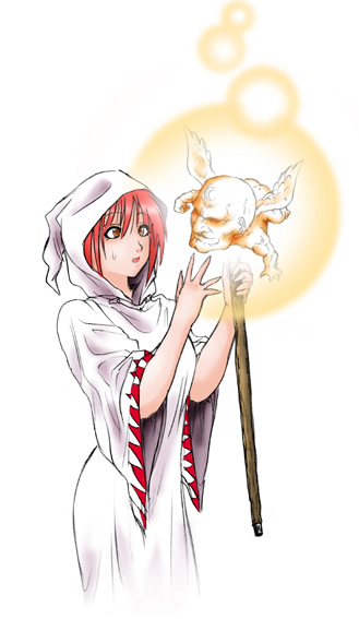 aji no kai hara hachi fun, harahachibu ajinosuke, sigma (mega man), white mage (final fantasy), capcom, final fantasy, final fantasy i, mega man (series), mega man x (series), 1girl, cherub, female focus, hood, orange eyes, pink hair, red hair, solo, staff, sweatdrop, wings
