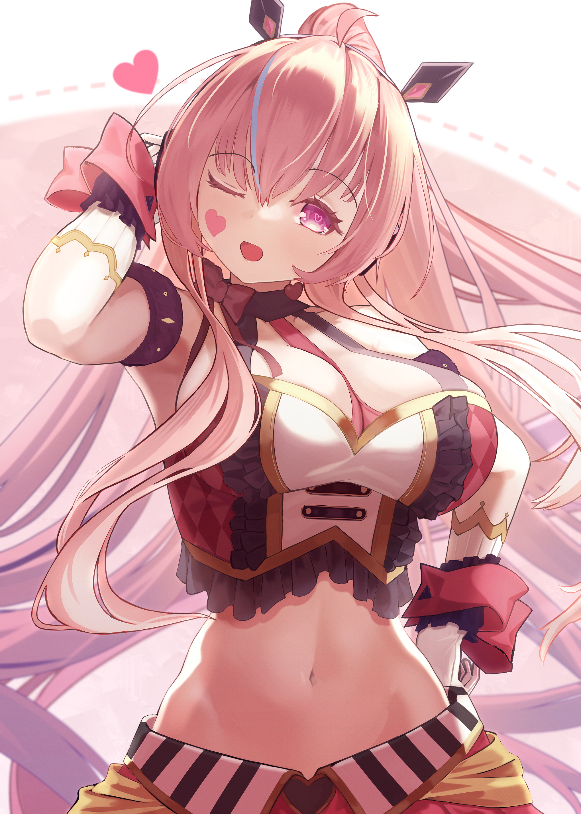 tongari kin, rasis, bemani, sound voltex, absurdres, commentary request, highres, 1girl, blue hair, breasts, gloves, heart, heart-shaped pupils, large breasts, long hair, looking at viewer, midriff, multicolored hair, navel, one eye closed, pink eyes, pink hair, ponytail, rasis (music player), solo, symbol-shaped pupils, two-tone hair, very long hair