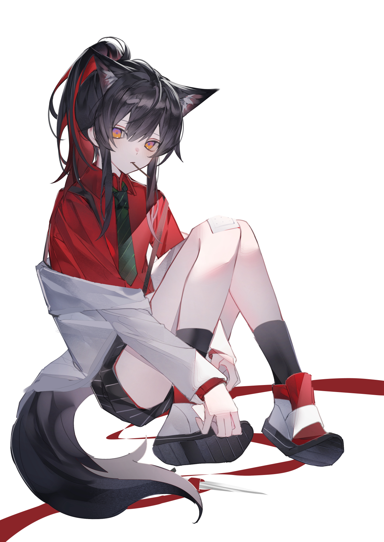 0 (znanimo), texas (arknights), texas (willpower) (arknights), arknights, commentary, highres, symbol-only commentary, 1girl, animal ear fluff, animal ears, bandaid, bandaid on leg, black boots, black hair, black necktie, black shorts, black socks, boots, collar, collared shirt, extra ears, full body, hair between eyes, high ponytail, long hair, long sidelocks, long sleeves, looking at viewer, multicolored boots, multicolored hair, necktie, off shoulder, official alternate costume, open clothes, open shirt, orange eyes, ponytail, red boots, red collar, red hair, red shirt, shirt, shorts, sidelocks, simple background, sitting, socks, solo, striped clothes, striped shorts, two-tone hair, white background, white boots, white shirt, wolf ears, wolf girl