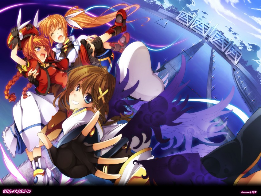 takamachi nanoha, takamachi nanoha (exceed mode), vita (nanoha), yagami hayate, lyrical nanoha, mahou shoujo lyrical nanoha, duplicate, 00s, 3girls, black gloves, braid, bridge, brown hair, city, fingerless gloves, flying, gloves, hair ornament, looking at viewer, magical girl, multiple girls, outdoors, red hair, short hair, twin braids, twintails, water, wings, x hair ornament