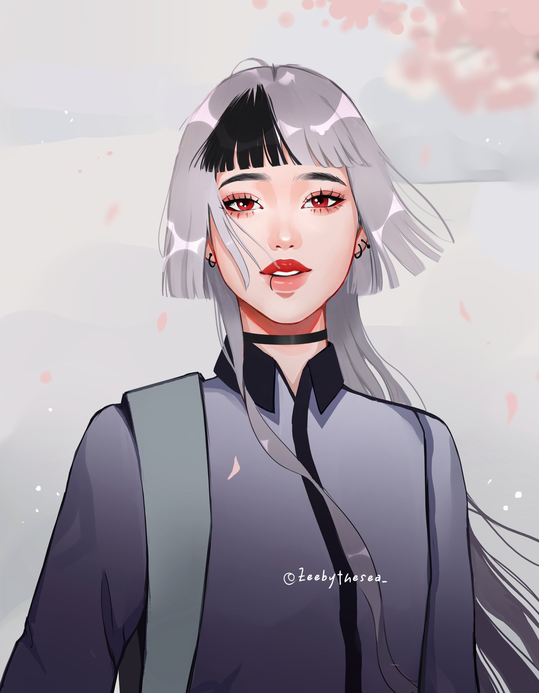 zeebythesea, original, highres, 1girl, aegyo sal, asian, backpack, bag, black choker, black streaks, black trim, bob cut, cherry blossoms, choker, collared shirt, ear piercing, eyelashes, face piercing, falling petals, floating hair, fog, green bag, jellyfish cut, kira (zeebythesea), light particles, light smile, lip piercing, long sleeves, looking at viewer, parted lips, petals, piercing, red eyes, ring piercing, shirt, short bangs, single hair streak, straight hair, thick eyebrows, thick lips, twitter username, upper body, wavy hair, white hair, white shirt