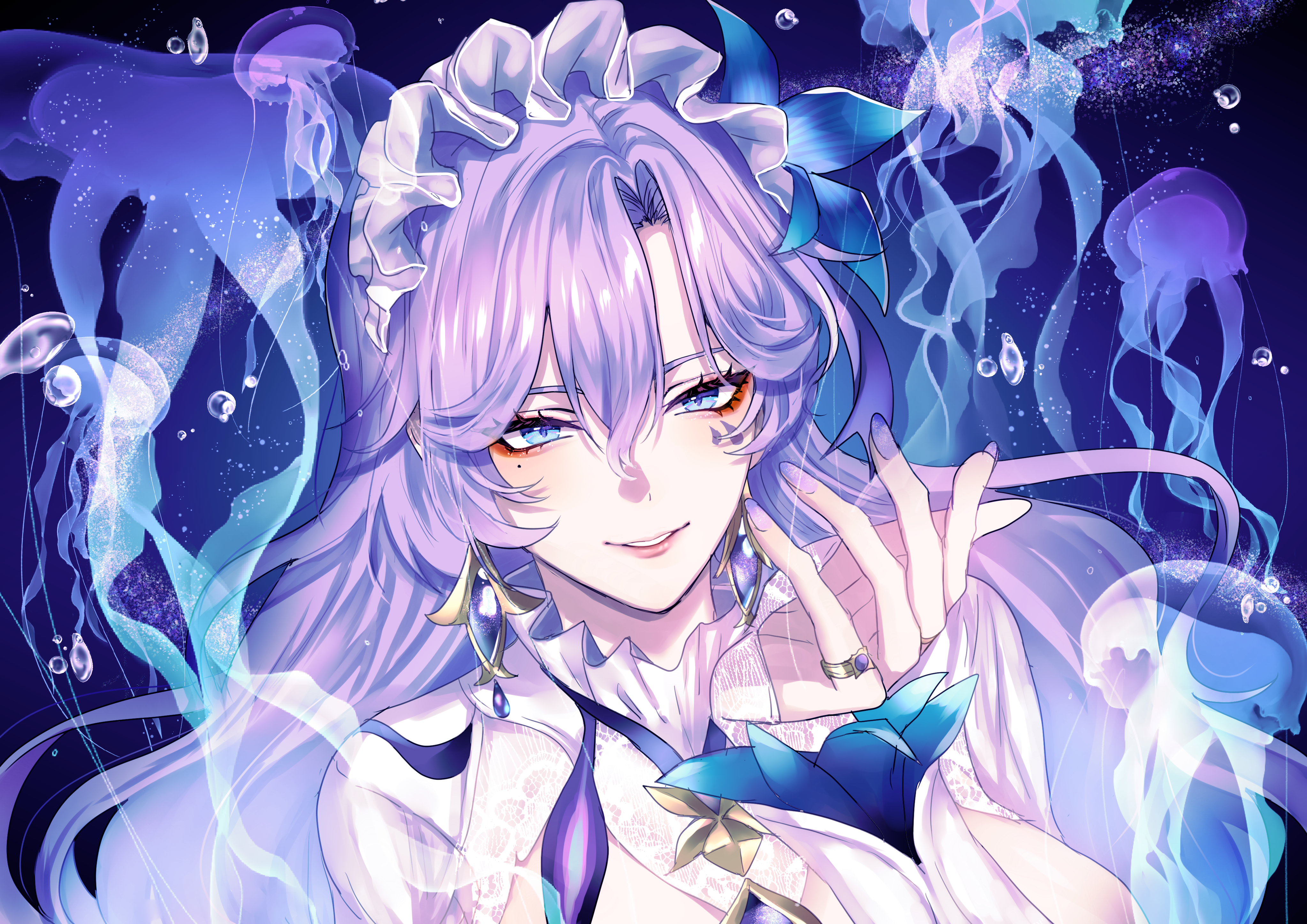 mizuki kosame, cantarella (wuthering waves), comic lo, wuthering waves, absurdres, commentary, highres, 1girl, blue eyes, blue flower, breasts, earrings, facial mark, flower, hair between eyes, hair flower, hair ornament, hand up, headdress, jellyfish, jewelry, long hair, looking at viewer, mark under eye, medium breasts, mole, mole under eye, nail polish, parted lips, purple hair, purple nails, shrug (clothing), smile, white shrug