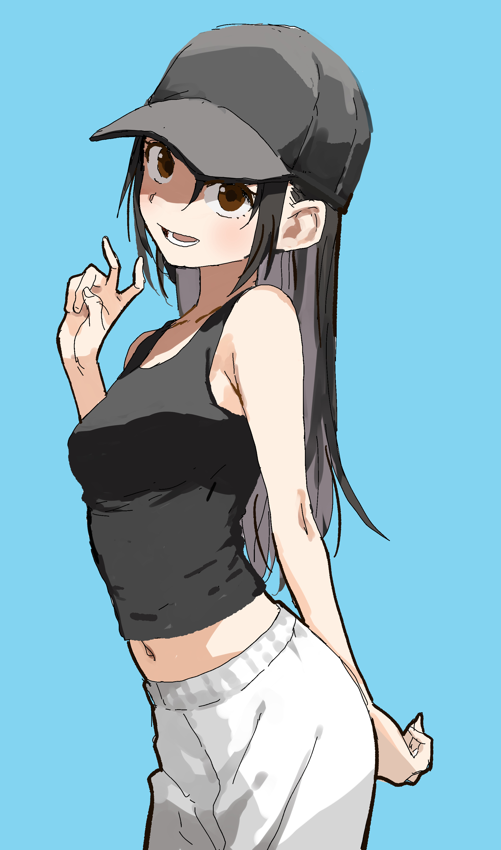 yamamoto souichirou, original, absurdres, commentary request, highres, 1girl, black hair, black hat, black tank top, blue background, breasts, brown eyes, hair between eyes, hat, long hair, looking at viewer, medium breasts, midriff, navel, open mouth, pants, simple background, sleeveless, solo, tank top, white pants