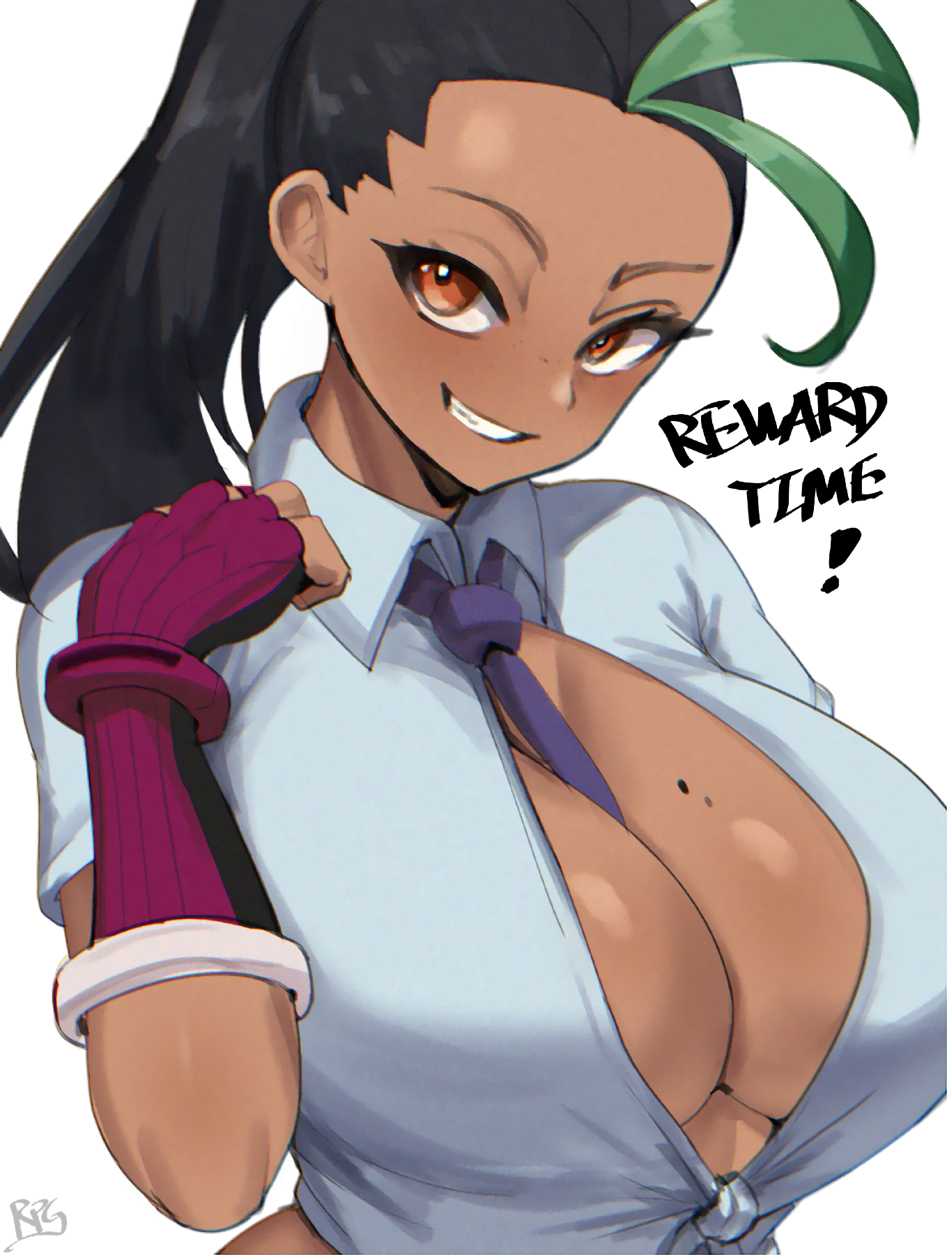 sana!rpg, nemona (pokemon), nintendo, pokemon, pokemon sv, highres, 1girl, alternate breast size (larger), between breasts, black hair, breasts, dark-skinned female, dark skin, english text, fingerless gloves, freckles, gloves, green hair, grey background, grin, hand up, huge breasts, long hair, mole, mole on breast, multicolored hair, naranja academy school uniform, necktie, necktie between breasts, no bra, orange eyes, purple necktie, school uniform, shirt, short sleeves, simple background, smile, solo, tied shirt, two-tone hair, upper body
