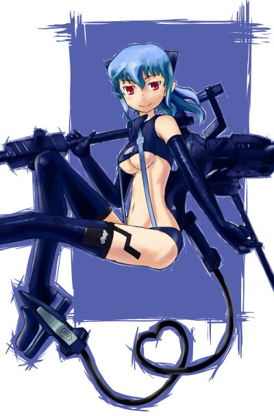 daive, valona, busou shinki, 10s, 1girl, breasts, cable, cable tail, female focus, mechanical tail, medium breasts, solo, tail, thighhighs, underboob