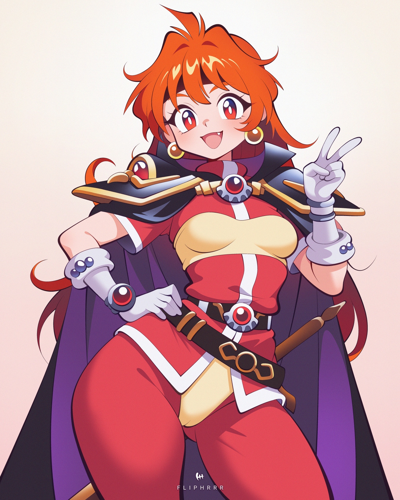 flipherrrr, lina inverse, slayers, commentary, highres, 1girl, :d, artist name, bobbles, breasts, cameltoe, cape, contrapposto, earrings, fang, gloves, gluteal fold, hand on own hip, jewelry, long hair, looking at viewer, open mouth, orange hair, simple background, small breasts, smile, solo, v, white background, white gloves