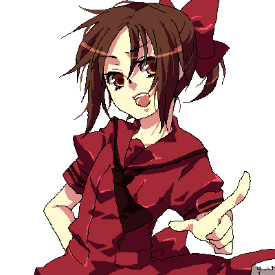 abi, lowres, 1girl, brown hair, dress, female focus, oekaki, pointing, ribbon, sailor dress, solo
