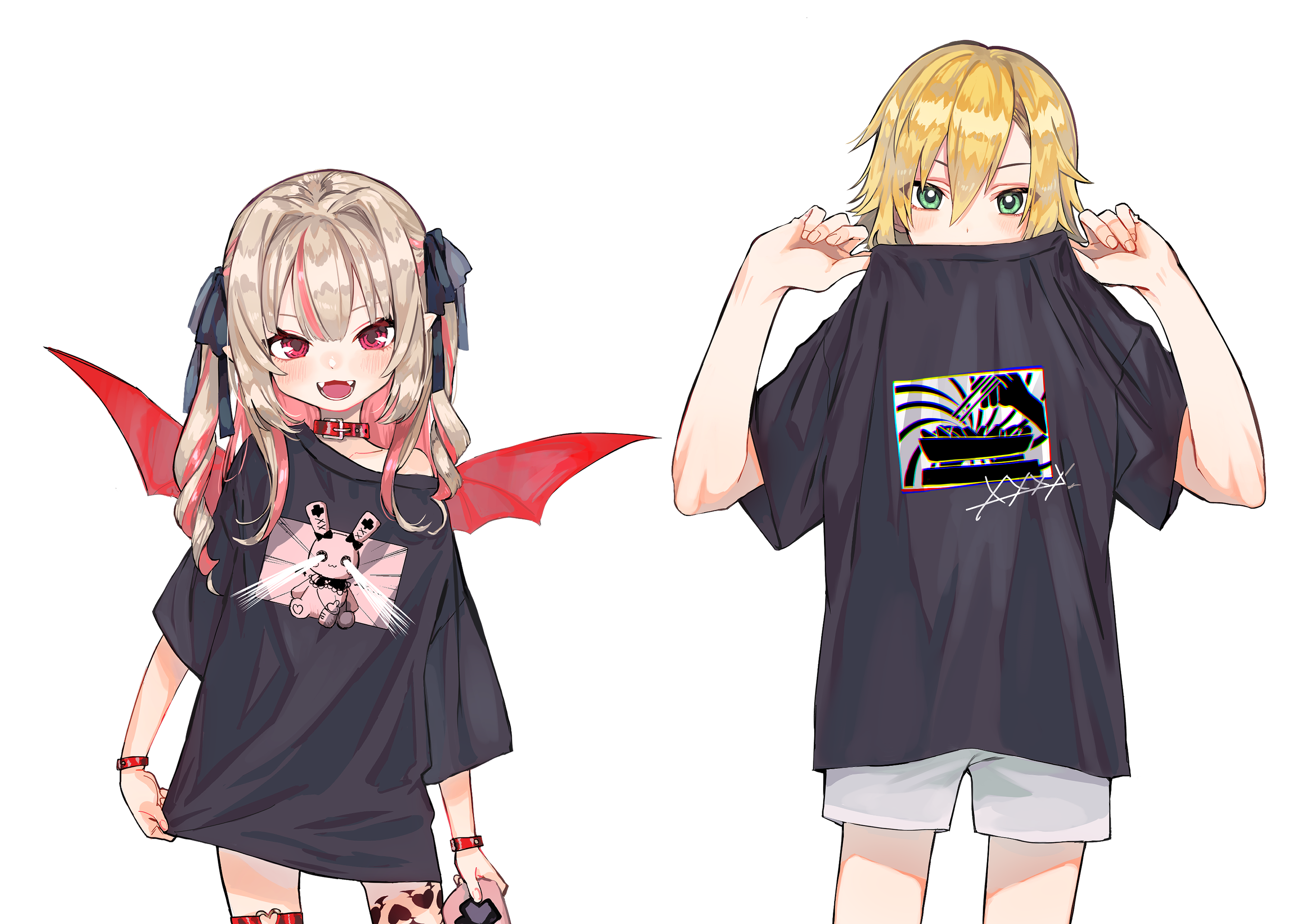meiji manjimaru, makaino ririmu, uzuki kou, nijisanji, absurdres, highres, 1boy, 1girl, alternate costume, black shirt, blonde hair, brown hair, choker, colored inner hair, cowboy shot, demon girl, demon wings, green eyes, hair between eyes, hair intakes, hair ribbon, long hair, multicolored hair, pink eyes, print shirt, ribbon, shirt, short hair, short shorts, shorts, streaked hair, t-shirt, tattoo, two side up, virtual youtuber, white shorts, winged heart, winged heart tattoo, wings