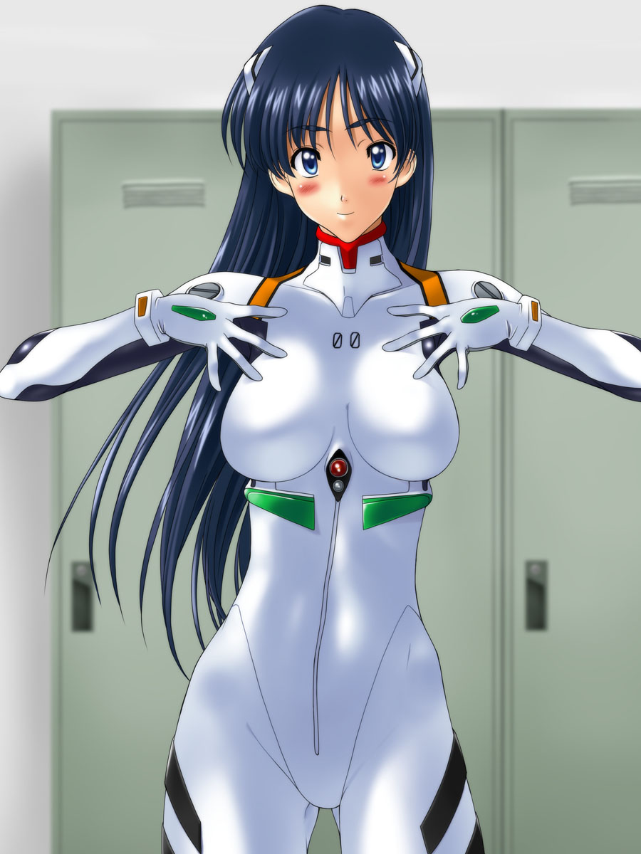 kamia (not found), ayanami rei, yukino sayuri, neon genesis evangelion, original, highres, 1girl, ayanami rei (cosplay), blue eyes, blue hair, blush, bodysuit, breasts, cosplay, female focus, indoors, locker, locker room, long hair, matching hair/eyes, mecha pilot suit, plugsuit (cosplay), plugsuit (evangelion), skin tight, solo