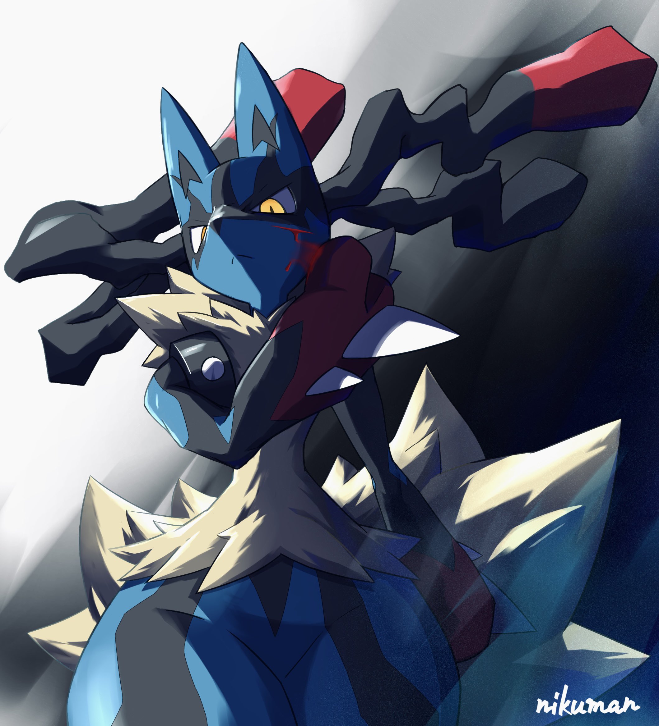 niku1441, lucario, mega lucario, nintendo, pokemon, highres, artist name, black background, blood, blood on face, cowboy shot, gen 4 pokemon, grey background, looking at viewer, mega pokemon, pokemon (creature), shoulder spikes, simple background, slit pupils, solo, spikes, white background, yellow eyes