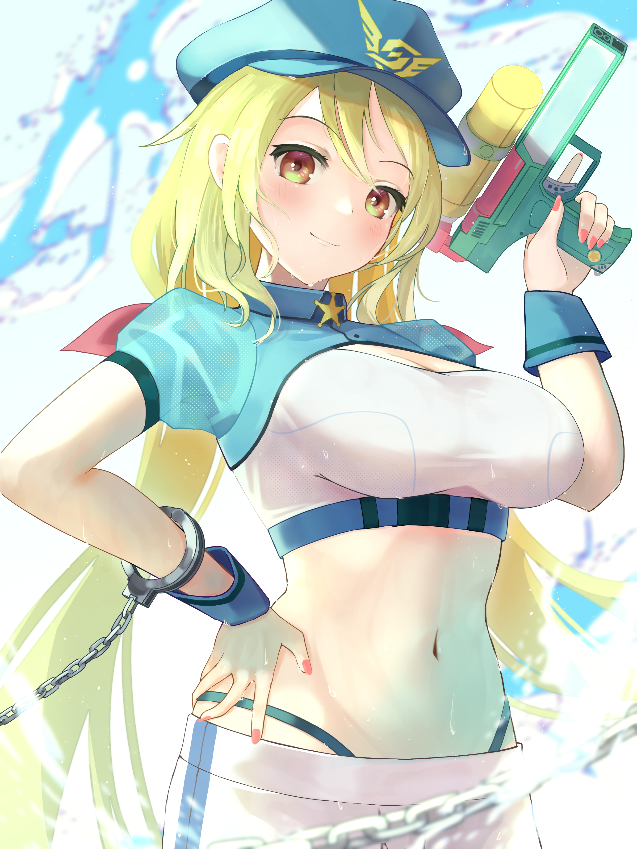 tongari kin, bemani, sound voltex, absurdres, highres, 1girl, blonde hair, breasts, cuffs, handcuffs, hat, holding, holding water gun, large breasts, long hair, looking at viewer, midriff, nail polish, navel, orange eyes, pink nails, police, police hat, police uniform, policewoman, sherry f. arresters, smile, solo, very long hair, water gun