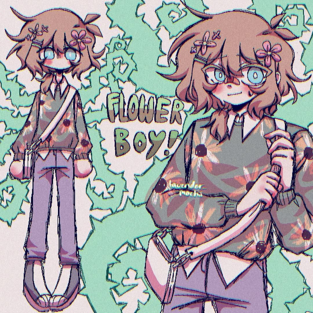 mochiilavender, basil (faraway) (omori), basil (omori), omori, commentary, english commentary, 1boy, alternate costume, alternate hair color, alternate hairstyle, antenna hair, arms at sides, bag, bandaid, bandaid on face, bandaid on nose, blue eyes, blush, bright pupils, brown hair, chromatic aberration, closed mouth, collarbone, collared shirt, cowboy shot, denim, double-parted bangs, film grain, floral print, flower, full body, green sweater, grey background, grey pants, grey shoes, hair between eyes, hair flower, hair ornament, holding, holding bag, instagram username, jeans, long sleeves, looking at viewer, low ponytail, male focus, medium hair, multiple views, pants, pigeon-toed, pink flower, plant, ponytail, puffy long sleeves, puffy sleeves, raised inner eyebrows, shirt, shoes, shoulder bag, simple background, smile, standing, sweat, sweater, thorns, vines, white bag, white pupils, white shirt