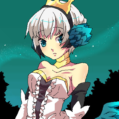 abi, gwendolyn (odin sphere), odin sphere, lowres, 1girl, blue eyes, crown, dress, elbow gloves, female focus, gloves, green background, oekaki, solo, strapless, strapless dress, white hair