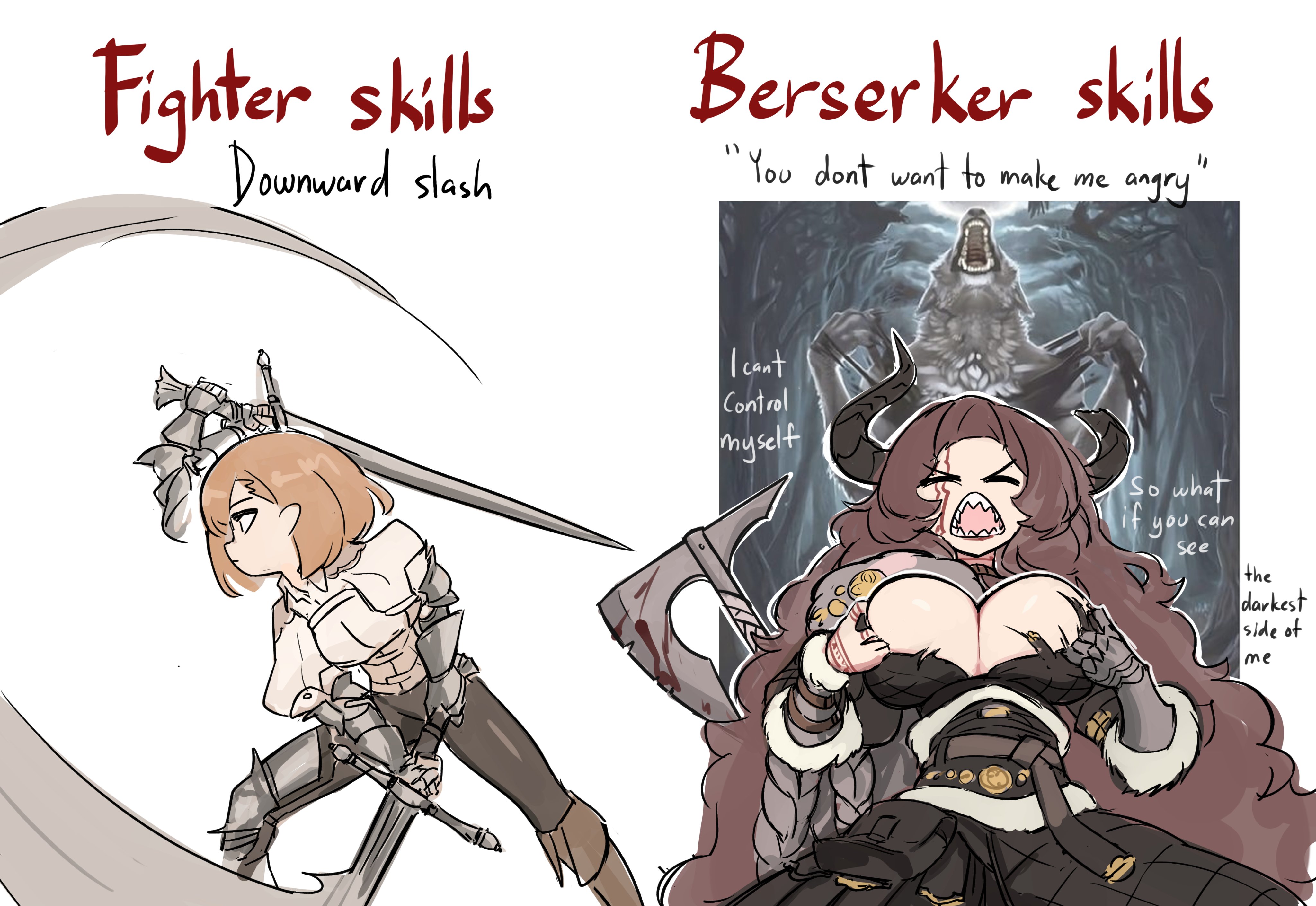 centurii-chan, original, absurdres, commentary, english commentary, highres, 2girls, armor, axe, battle axe, black pants, boots, bracer, breasts, broken horn, brown boots, brown hair, closed eyes, comparison, english text, facial mark, fur trim, gauntlets, greaves, horns, knee boots, large breasts, long hair, multiple girls, open mouth, pants, sharp teeth, short hair, single bracer, single gauntlet, single greave, swinging weapon, sword, tearing clothes, teeth, torn clothes, v-shaped eyebrows, very long hair, weapon, wolf