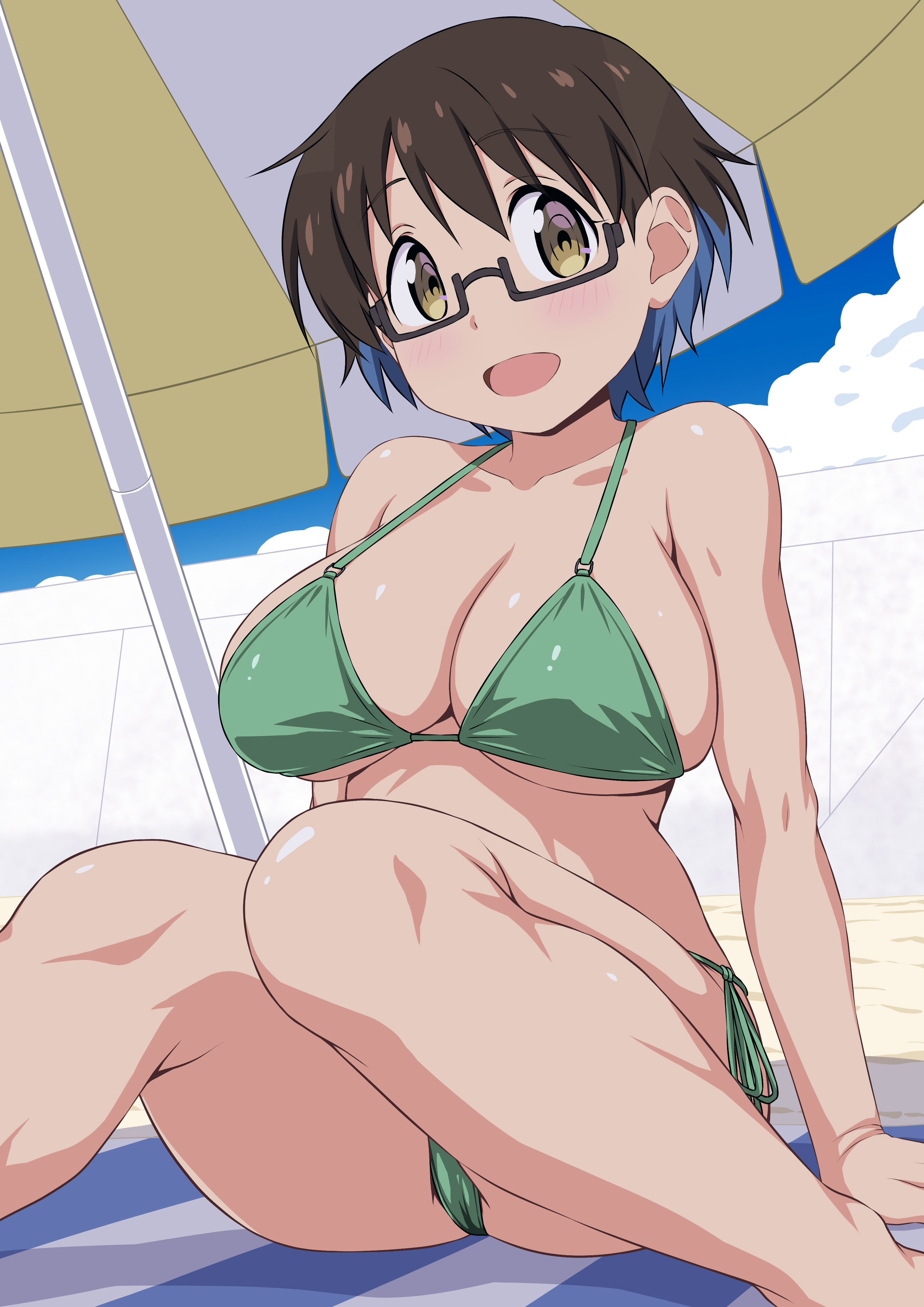 nori tamago, imari youko, ruri no houseki, absurdres, commentary request, highres, 1girl, bikini, black-framed eyewear, blue hair, breasts, brown hair, green bikini, large breasts, looking at viewer, multicolored hair, open mouth, parasol, semi-rimless eyewear, short hair, side-tie bikini bottom, sitting, solo, swimsuit, two-tone hair, umbrella, under-rim eyewear