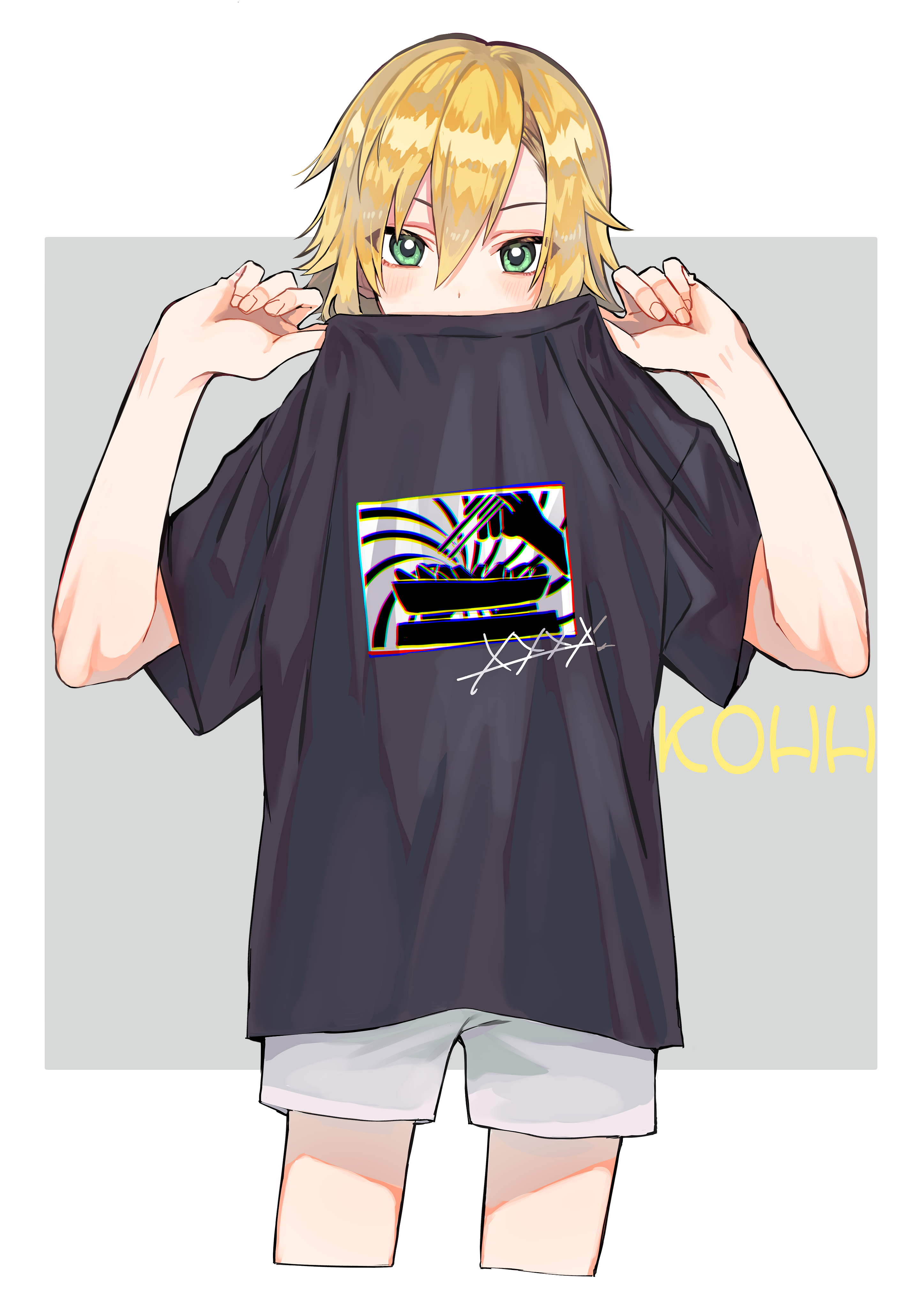 meiji manjimaru, uzuki kou, nijisanji, absurdres, highres, 1boy, alternate costume, black shirt, blonde hair, cropped legs, green eyes, hair between eyes, looking at viewer, male focus, shirt, short hair, short shorts, shorts, simple background, solo, t-shirt, virtual youtuber, white background, white shorts