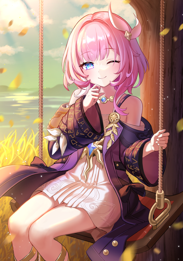 kiki-yu, cyrene (honkai: star rail), honkai: star rail, honkai (series), commentary, 1girl, bare shoulders, blue eyes, closed mouth, coat, cyrene (aedes elysiae) (honkai: star rail), diamond-shaped pupils, diamond (shape), dress, hair intakes, hair ornament, hand up, light blush, long sleeves, looking at viewer, medium hair, on swing, one eye closed, outdoors, pink pupils, purple coat, sitting, smile, solo, swing, symbol-shaped pupils, white dress