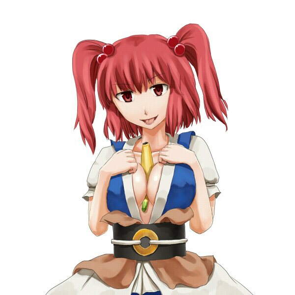 shibaraku, onozuka komachi, touhou, bad id, bad pixiv id, 1girl, banana, belt, between breasts, breasts, female focus, food, fruit, large breasts, red eyes, red hair, sexually suggestive, simple background, solo, tongue, twintails, two side up