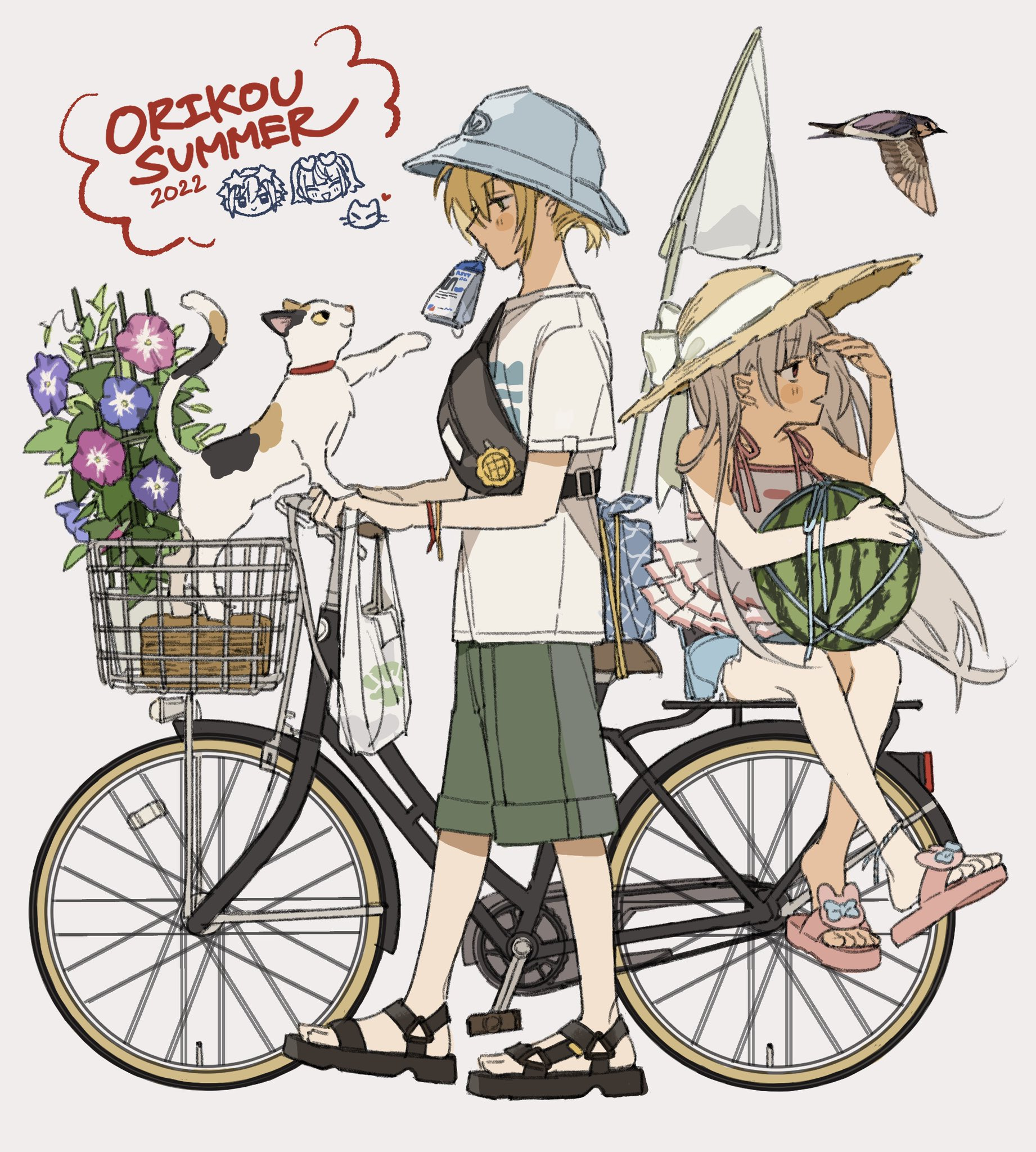 moku (kedr2558), makaino ririmu, uzuki kou, nijisanji, highres, 1boy, 1girl, alternate costume, bag, bicycle, bicycle basket, bird, blonde hair, blue hat, camisole, cat, denim, denim shorts, english text, flower, food, fruit, grey hair, hat, long hair, morning glory, mouth hold, plastic bag, ponytail, riding, riding bicycle, sandals, shirt, short hair, short ponytail, short shorts, shorts, simple background, straw hat, virtual youtuber, watermelon, white background, white shirt