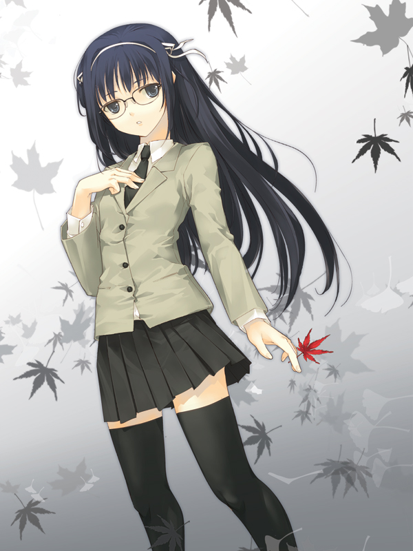 dasoku sentarou, original, 1girl, black-framed eyewear, black hair, black necktie, black skirt, black thighhighs, blazer, female focus, glasses, grey background, grey jacket, hair ornament, jacket, leaf, long hair, looking at viewer, miniskirt, necktie, pleated skirt, round eyewear, school uniform, shirt, skirt, solo, thighhighs, white shirt, zettai ryouiki