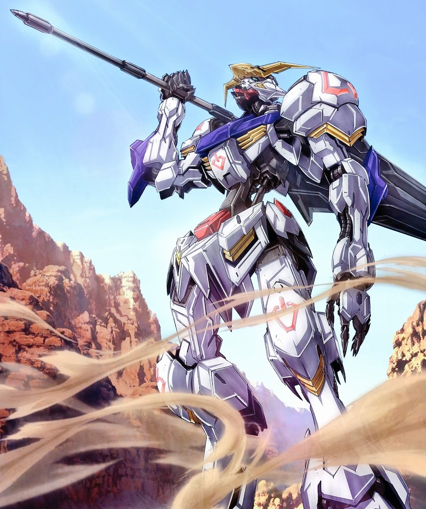 gundam barbatos, gundam, gundam tekketsu no orphans, commentary request, holding, holding weapon, mecha, mecha focus, mobile suit, no humans, open hand, robot, science fiction, solo, weapon