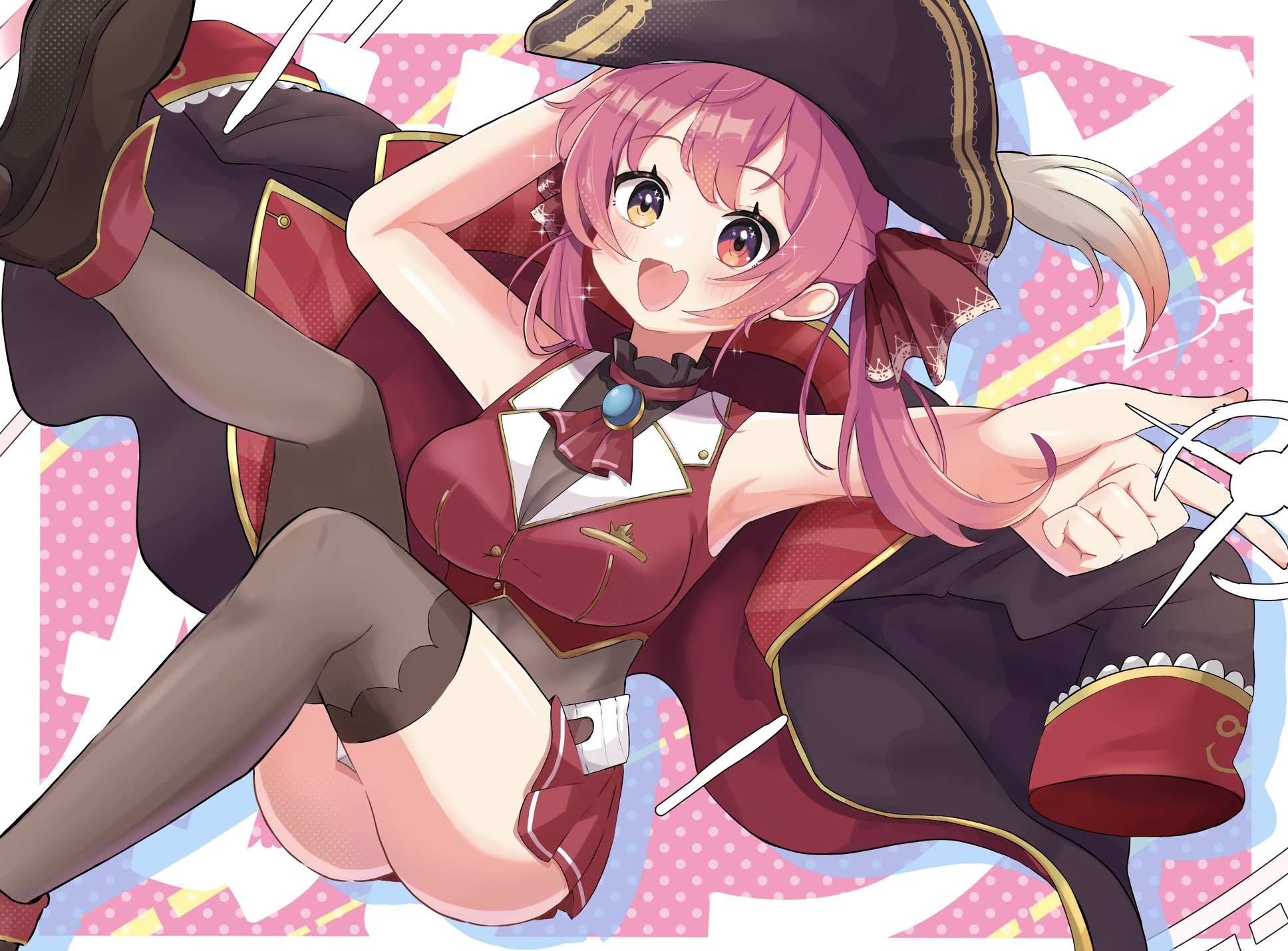 kimukichi 0224, houshou marine, houshou marine (1st costume), hololive, hololive fantasy, highres, 1girl, armpits, ascot, bare shoulders, blush, breasts, cleavage, gloves, hair ribbon, hat, heterochromia, jewelry, large breasts, leotard, leotard under clothes, looking at viewer, no eyepatch, open mouth, pirate, pirate hat, red ascot, red eyes, red hair, ribbon, see-through cleavage, see-through clothes, see-through leotard, smile, solo, thighhighs, twintails, virtual youtuber, yellow eyes, zettai ryouiki