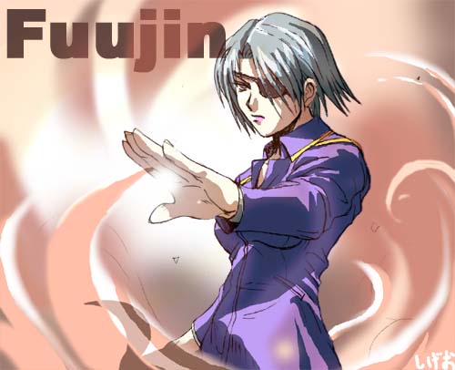 sigeo2000, fujin (ff8), final fantasy, final fantasy viii, lowres, 1990s (style), 1girl, character name, eyepatch, female focus, fire, grey hair, retro artstyle, short hair, solo