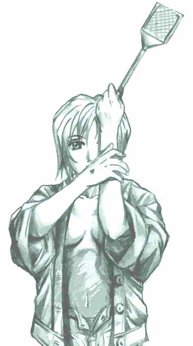 sigeo2000, aya brea, parasite eve (series), parasite eve ii, 1girl, aqua theme, female focus, jacket, monochrome, open clothes, open shirt, parody, shirt, sleeves rolled up, solo