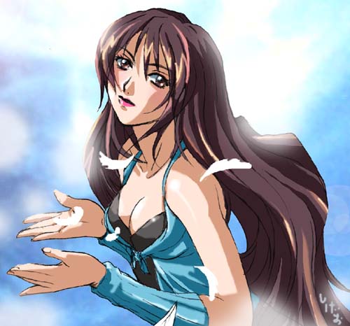 sigeo2000, rinoa heartilly, final fantasy, final fantasy viii, lowres, 1990s (style), 1girl, arm warmers, bare shoulders, blue dress, blush, breasts, brown eyes, brown hair, cleavage, closed mouth, collarbone, dress, feathers, female focus, gradient background, head tilt, long hair, looking at viewer, medium breasts, pink lips, retro artstyle, shiny skin, signature, sleeveless, sleeveless dress, solo, very long hair