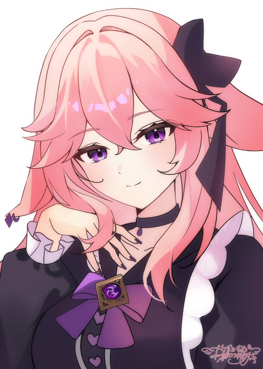dalmyang, yae miko, genshin impact, commentary, highres, 1girl, black choker, black shirt, blush, bow, bowtie, choker, closed mouth, double-parted bangs, frilled sleeves, frills, hair between eyes, hand up, long hair, long sleeves, looking at viewer, nail polish, pink hair, portrait, purple bow, purple bowtie, purple eyes, purple nails, shirt, simple background, smile, solo, white background