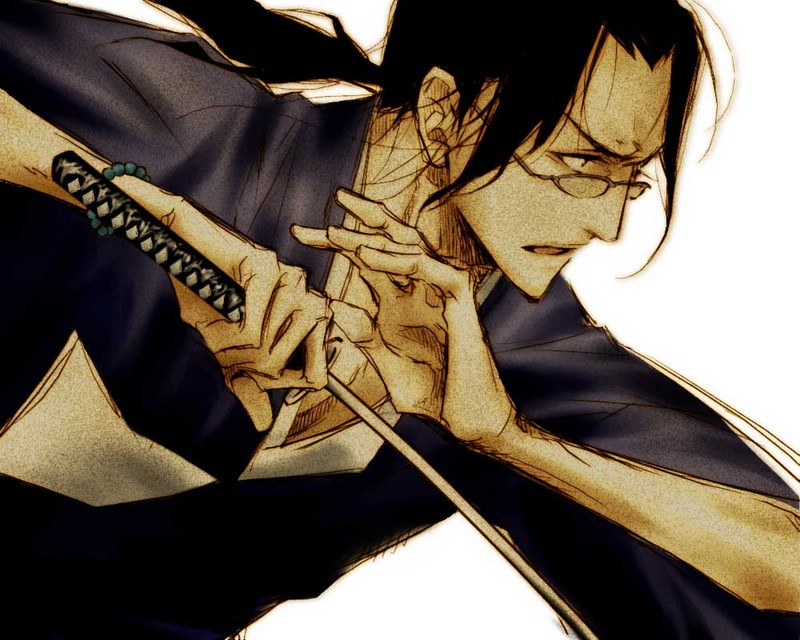 jinnosuke, samurai champloo, non-web source, 00s, 1boy, glasses, holding, holding sword, holding weapon, japanese clothes, male focus, solo, sword, weapon