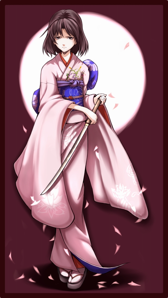 ina (gokihoihoi), ryougi shiki, kara no kyoukai, type-moon, brown hair, japanese clothes, kimono, petals, short hair, solo, sword, weapon