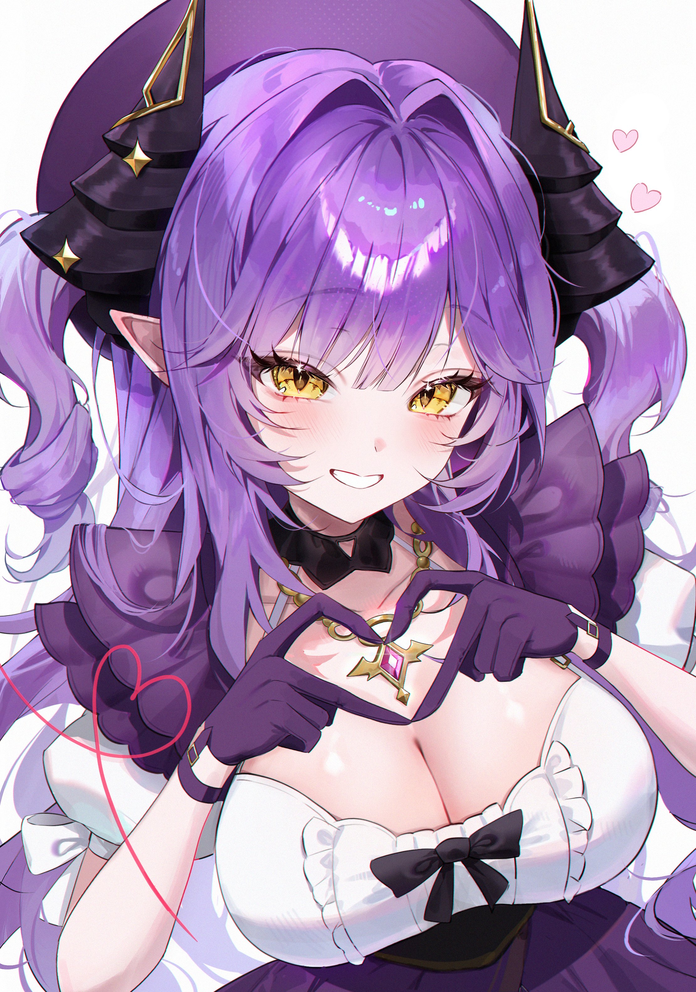 damoong, sakihane huya, stellive, absurdres, commentary, highres, symbol-only commentary, 1girl, black bow, black horns, blush, bow, breasts, cleavage, collarbone, dragon girl, dragon horns, four-finger heart hands, gem, gloves, gold necklace, gold trim, hair intakes, hands up, hat, heart, heart hands, horns, jewelry, large breasts, long hair, looking at viewer, necklace, parted lips, pointy ears, purple gemstone, purple gloves, purple hair, purple hat, purple skirt, shirt, shirt bow, short sleeves, sidelocks, simple background, skirt, slit pupils, smile, solo, two side up, upper body, very long hair, virtual youtuber, white background, yellow eyes
