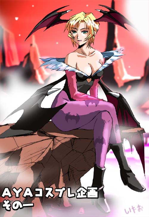 sigeo2000, aya brea, morrigan aensland, capcom, darkstalkers, parasite eve (series), parasite eve ii, 1girl, animal print, bat print, blonde hair, cosplay, demon girl, female focus, green eyes, head wings, morrigan aensland (cosplay), pantyhose, print pantyhose, solo, wings