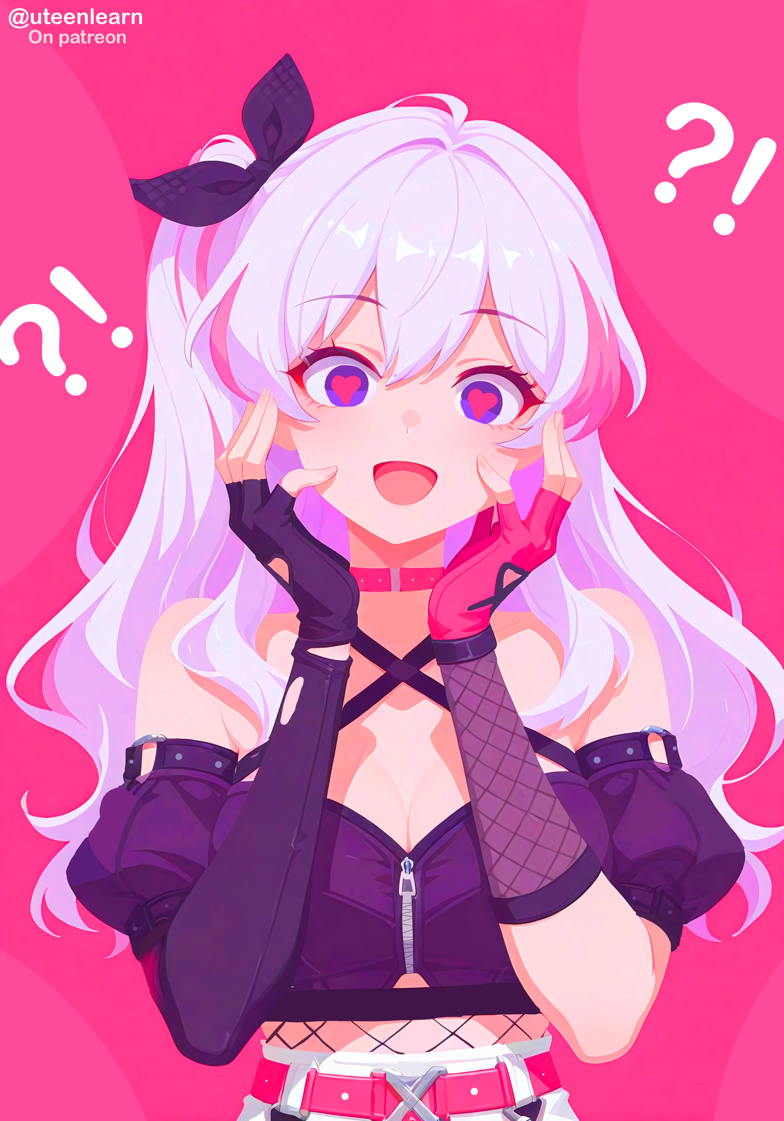 kanami (strinova), strinova, highres, !?, 1girl, ahoge, armpit crease, bare shoulders, belt, belt buckle, blue eyes, bow, breasts, buckle, choker, cleavage, collarbone, crop top, detached sleeves, eyeliner, fingerless gloves, fishnets, gloves, hair between eyes, hair over shoulder, halterneck, hands on own cheeks, hands on own face, hands up, heart, heart-shaped pupils, looking at viewer, makeup, medium breasts, multicolored hair, off shoulder, open mouth, pink background, pink hair, side ponytail, simple background, smile, solo, symbol-shaped pupils, tongue, torn clothes, uteenlearn, white hair, zipper