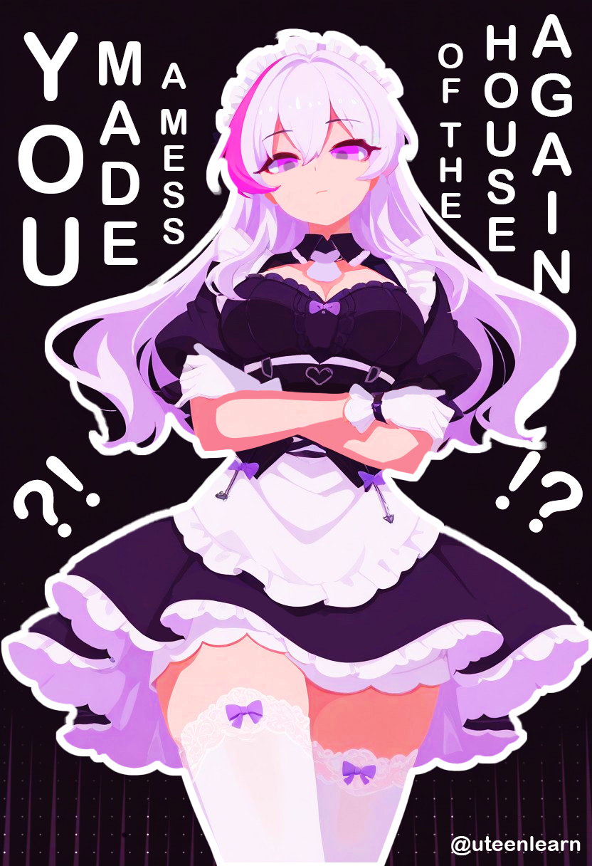 kanami (midnight pact) (strinova), kanami (strinova), strinova, ai-assisted, highres, !?, 1girl, apron, black background, bow, bowtie, breasts, cleavage, cleavage cutout, clothing cutout, crossed arms, dress, frills, from below, gloves, hair between eyes, large breasts, looking at viewer, maid, maid apron, maid headdress, multicolored hair, official alternate costume, pink hair, purple eyes, simple background, solo, thick thighs, thighhighs, thighs, uteenlearn, white hair