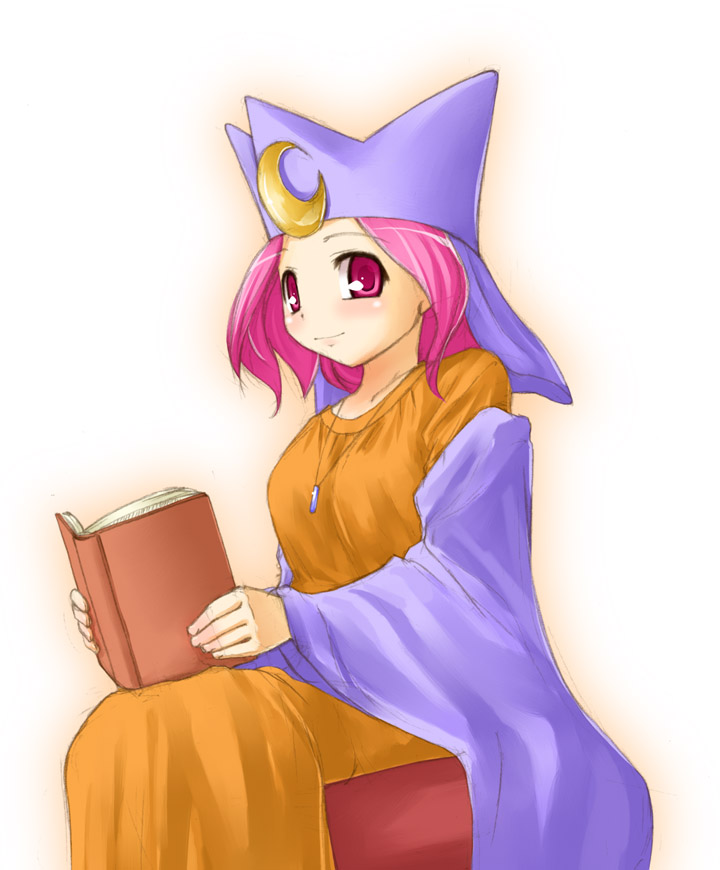 kasuga yukihito, high priestess (magical drop), data east, magical drop, book, hat, jewelry, necklace, pink eyes, pink hair, solo