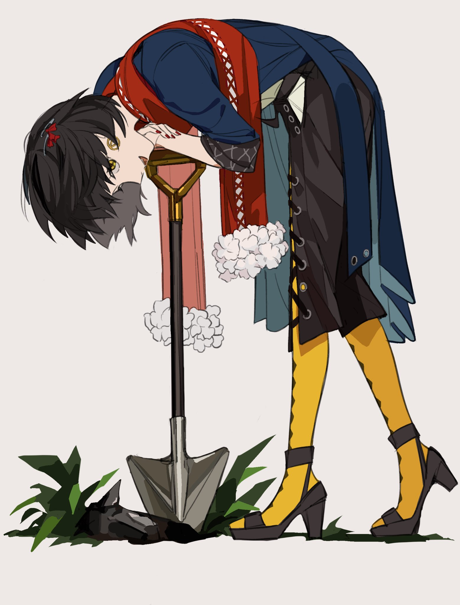 moku (kedr2558), mashiro meme, mashiro meme (1st costume), nijisanji, commentary request, highres, 1boy, androgynous, bent over, black hair, black pants, black shoes, blue coat, coat, full body, high heels, lace-up, looking at viewer, male focus, open-toe shoes, pants, pantyhose, red scarf, safety pin hair ornament, scarf, shoes, short hair, shovel, solo, virtual youtuber, yellow eyes, yellow pantyhose