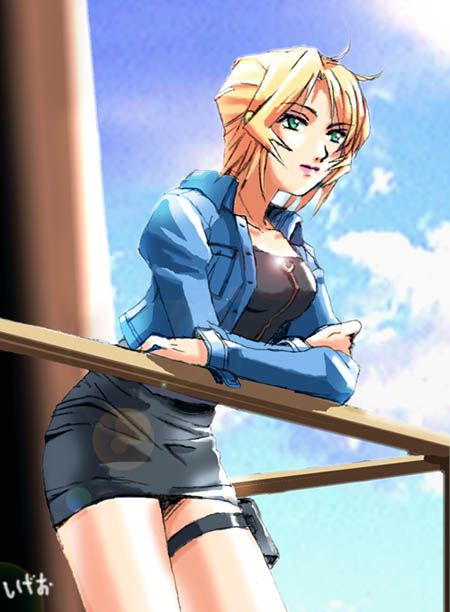 sigeo2000, aya brea, parasite eve (series), parasite eve ii, 1girl, blonde hair, female focus, green eyes, jacket, miniskirt, pencil skirt, railing, short hair, skirt, solo, thigh strap, zipper