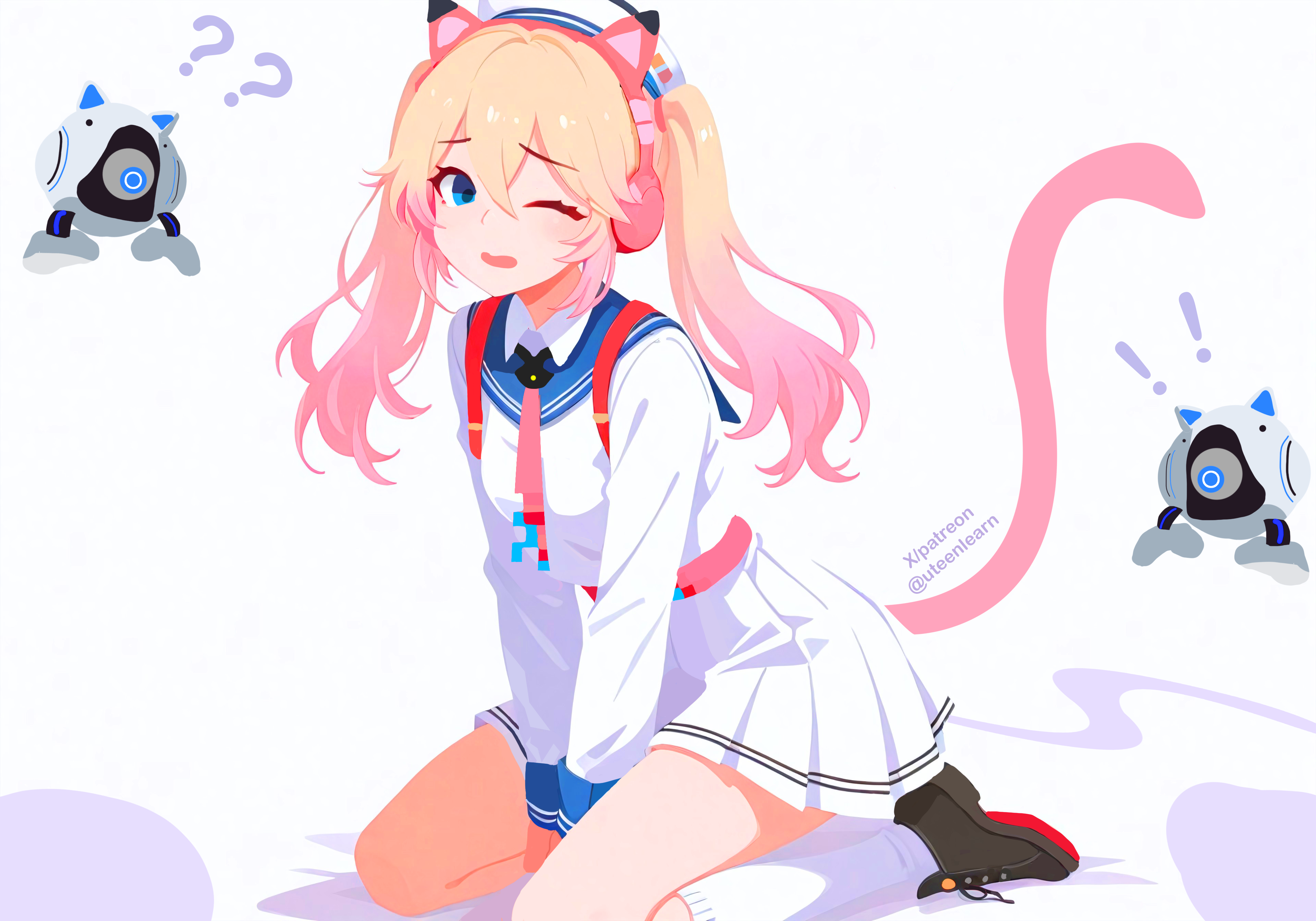 michele (strinova), michele (volunteer player) (strinova), strinova, absurdres, ai-assisted, highres, !, !!, 1girl, ?, ??, animal ear headphones, animal ears, between legs, blonde hair, blue eyes, cat ear headphones, cat ears, cat tail, fake animal ears, fake tail, gradient hair, hand between legs, headphones, high-waist skirt, long hair, multicolored hair, necktie, on floor, one eye closed, open mouth, pink hair, pleated skirt, sailor collar, shirt, shoes, sidelocks, simple background, skirt, socks, solo, tail, tail raised, thighs, twintails, uteenlearn, white background, white shirt, wink