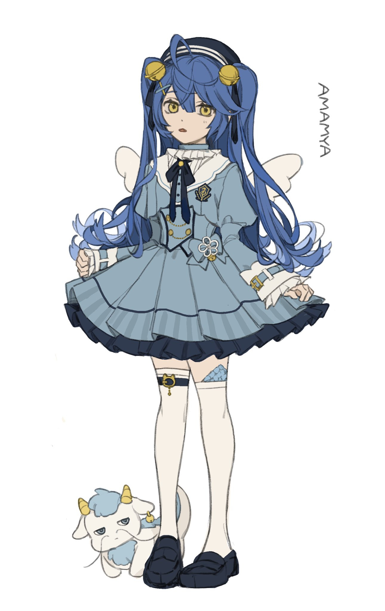 moku (kedr2558), amamiya kokoro, amamiya kokoro (1st costume), neko (amamiya kokoro), nijisanji, highres, 1girl, ahoge, blue dress, blue hair, blue shoes, dress, frilled dress, frilled sleeves, frills, full body, juliet sleeves, loafers, long hair, long sleeves, puffy sleeves, shoes, simple background, solo, thighhighs, two side up, virtual youtuber, white background, white thighhighs, yellow eyes