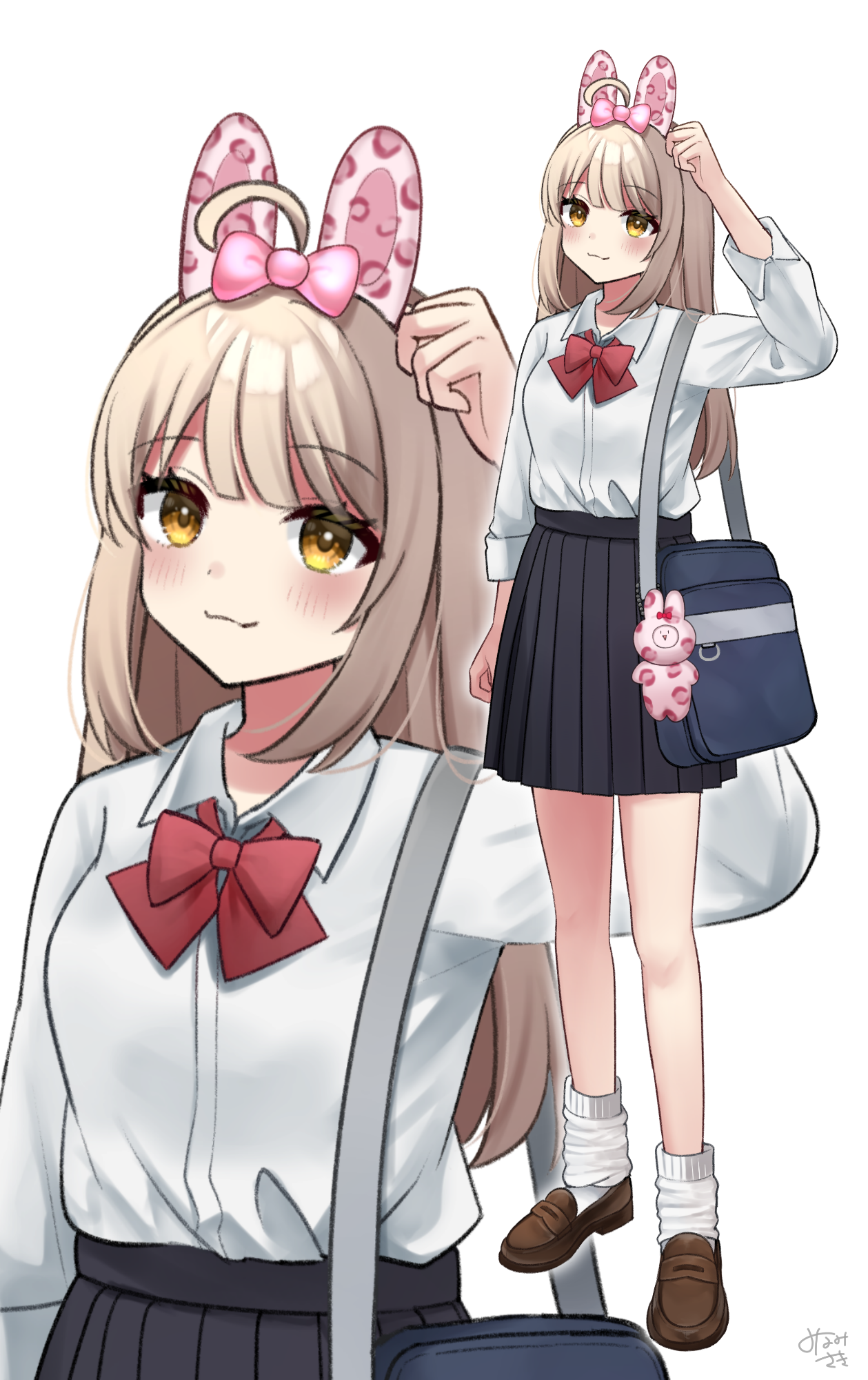 minami saki, original, commentary, highres, symbol-only commentary, 1girl, ahoge, animal ears, arm up, bag, black skirt, blush, bow, bowtie, brown hair, brown shoes, closed mouth, collared shirt, full body, hair bow, hand up, long hair, long sleeves, pink bow, pleated skirt, rabbit ears, red bow, red bowtie, school bag, school uniform, shirt, shoes, signature, skirt, smile, socks, standing, white shirt, white socks, yellow eyes