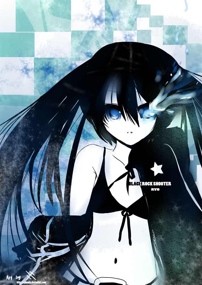 xephonia, black rock shooter (character), hatsune miku, black rock shooter, vocaloid, 10s, 1girl, artist name, bare shoulders, belt, bikini, bikini top only, black bikini, black jacket, black ribbon, blue eyes, collarbone, colored skin, copyright name, female focus, flaming eyes, flat chest, front-tie bikini top, front-tie top, hair between eyes, jacket, long hair, looking at viewer, monochrome, navel, off shoulder, open clothes, open jacket, ribbon, signature, solo, spot color, stomach, swimsuit, twintails, upper body, very long hair, watermark, white skin